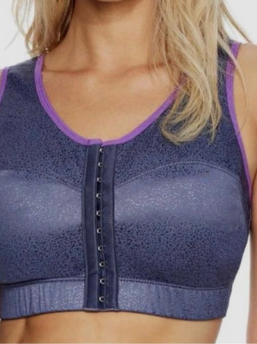 Enell Metallic Grey Front-Closure Sports Bra with Purple Trim